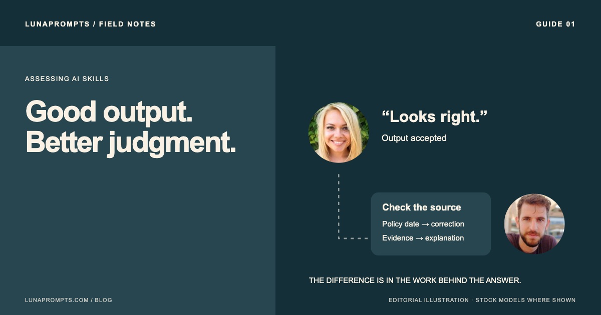 Two illustrative candidates approach the same AI answer differently: accept it or verify the source.