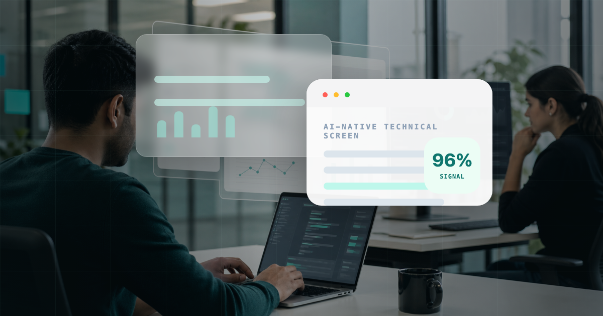 Real AI-native technical hiring workspace with human signal and assessment scorecard