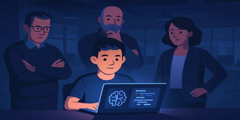 A young intern at a laptop surrounded by senior engineers watching, symbolizing AI-native adoption
